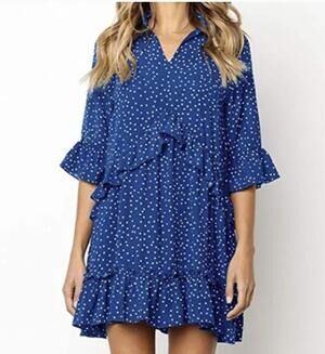 MITILLY Womens Summer Swing Casual Short Ruffle Flowy Dress Blue Small